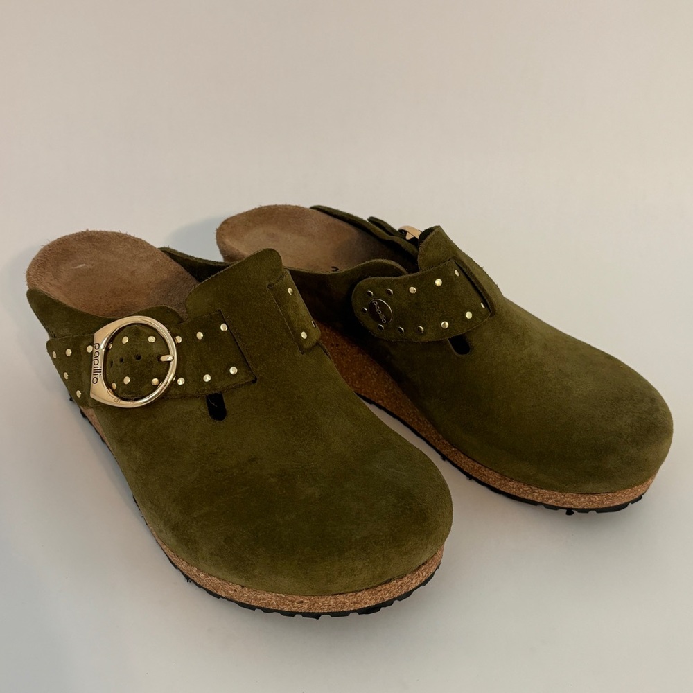 Birkenstock Papillo womens green suede wedge gold buckle mules size 6